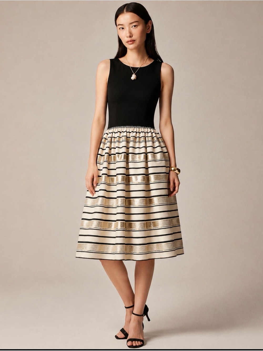 J. Crew Black Bodice Striped Cream & Gold A-Line Dress 14